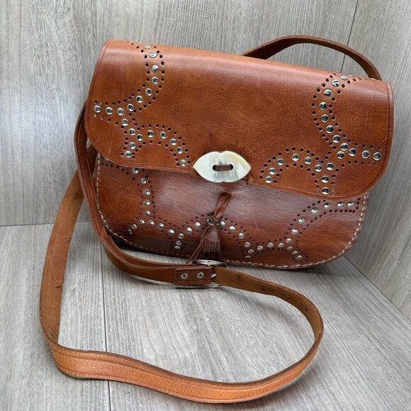 Unbranded Handbags - Vintage Studded Shoulder Purse Tassel Flap Adjustable Leather Brown